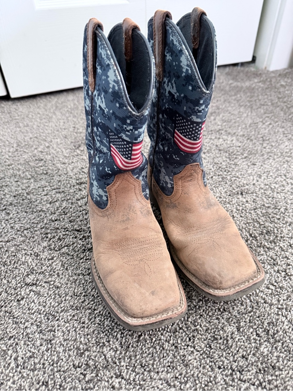Ariat Kids Tan and Navy Cowboy Boots with Flag Accent